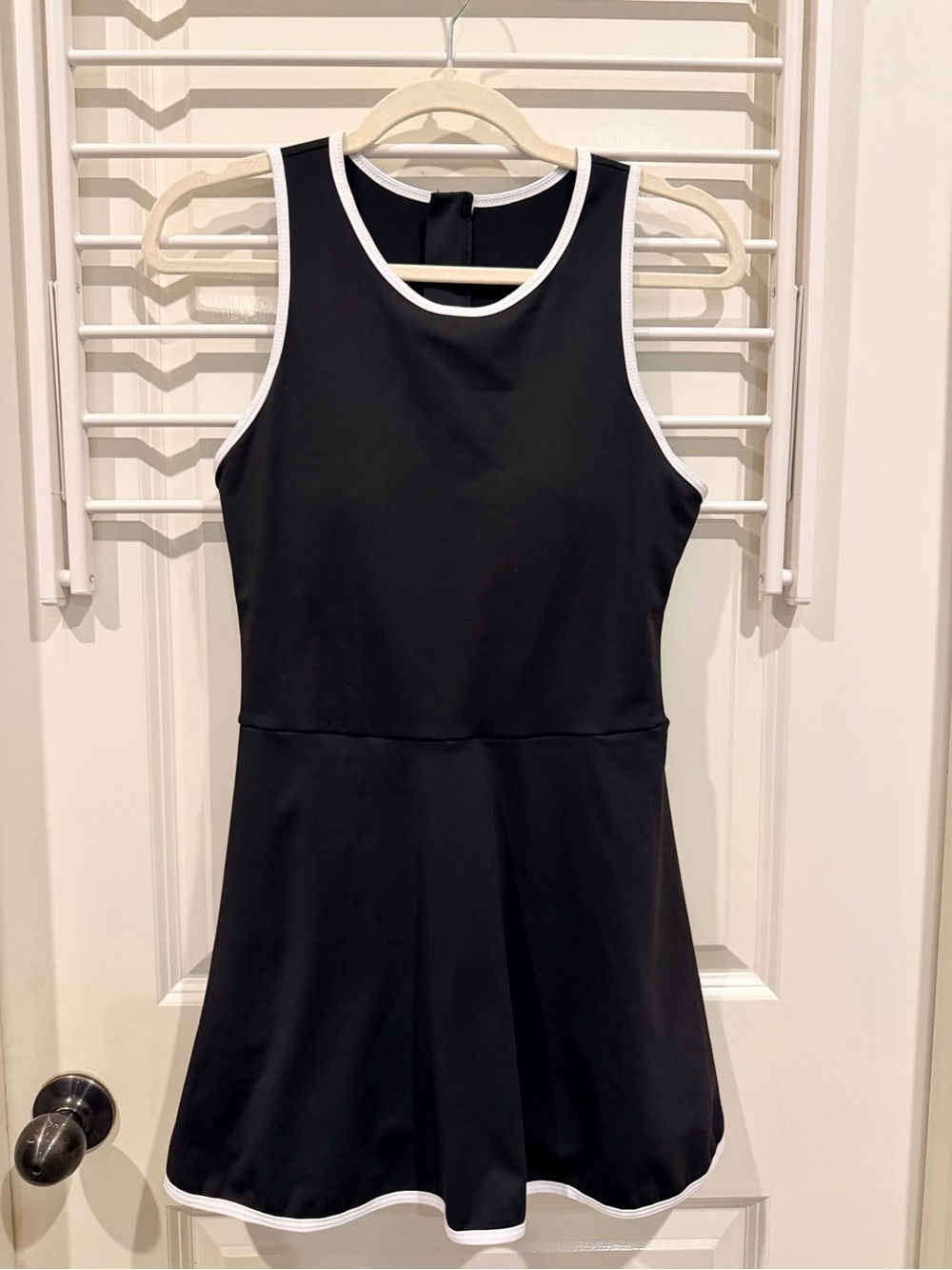 Black Racerback Fit-and-Flare Athletic Dress with White Trim and Built in Bra
